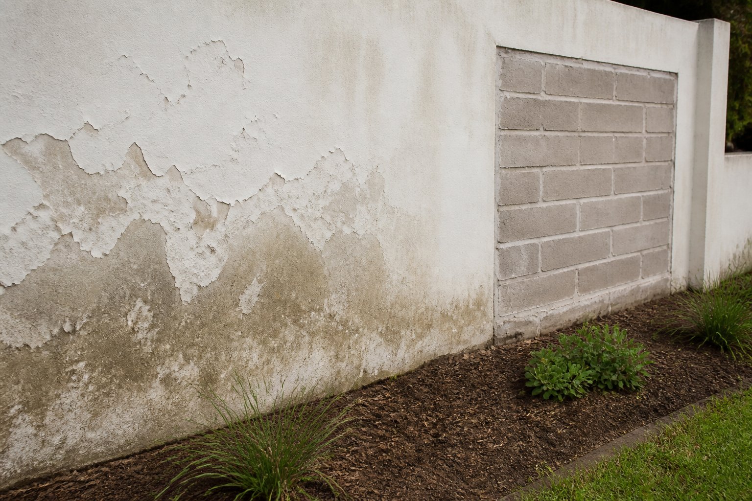 Peeling paint near the base of a Cape Town boundary wall
