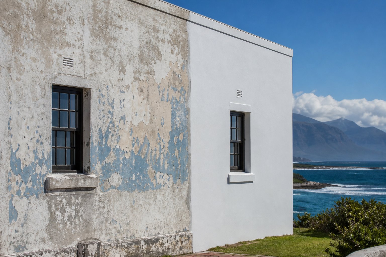Weathered exterior wall on a Cape Town coastal home