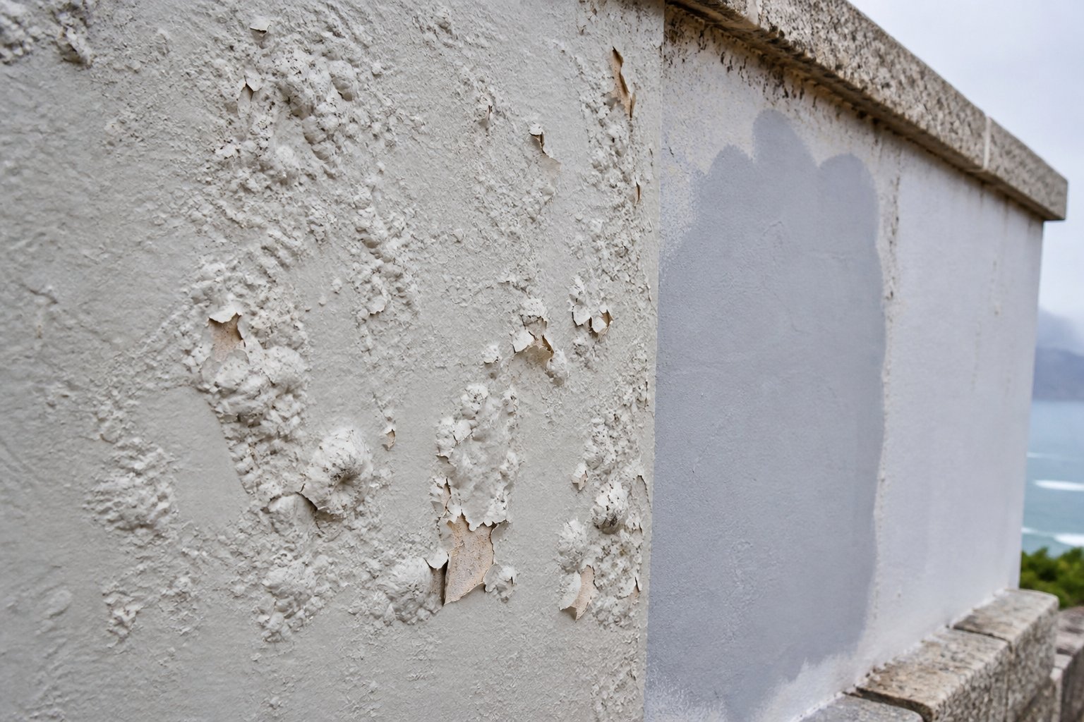 Blistered exterior paint on a Cape Town coastal wall