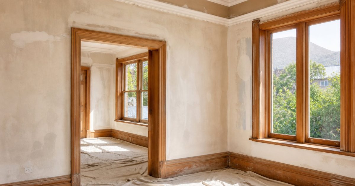 Older Cape Town house with weathered plaster and sash windows