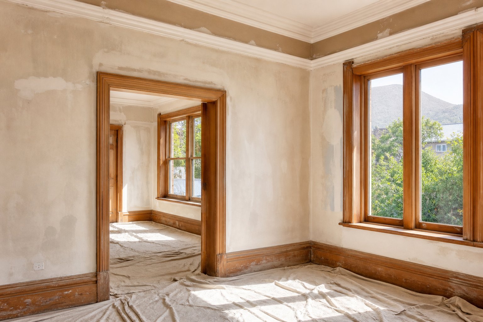 Older Cape Town house with weathered plaster and sash windows