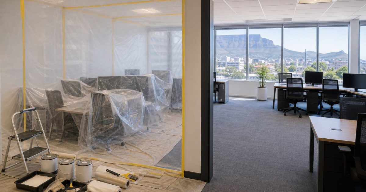 Phased office repaint with protected desks and a clear work zone