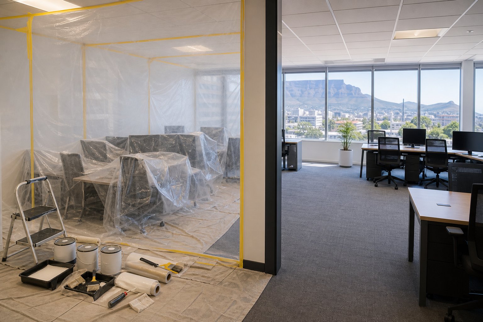Phased office repaint with protected desks and a clear work zone