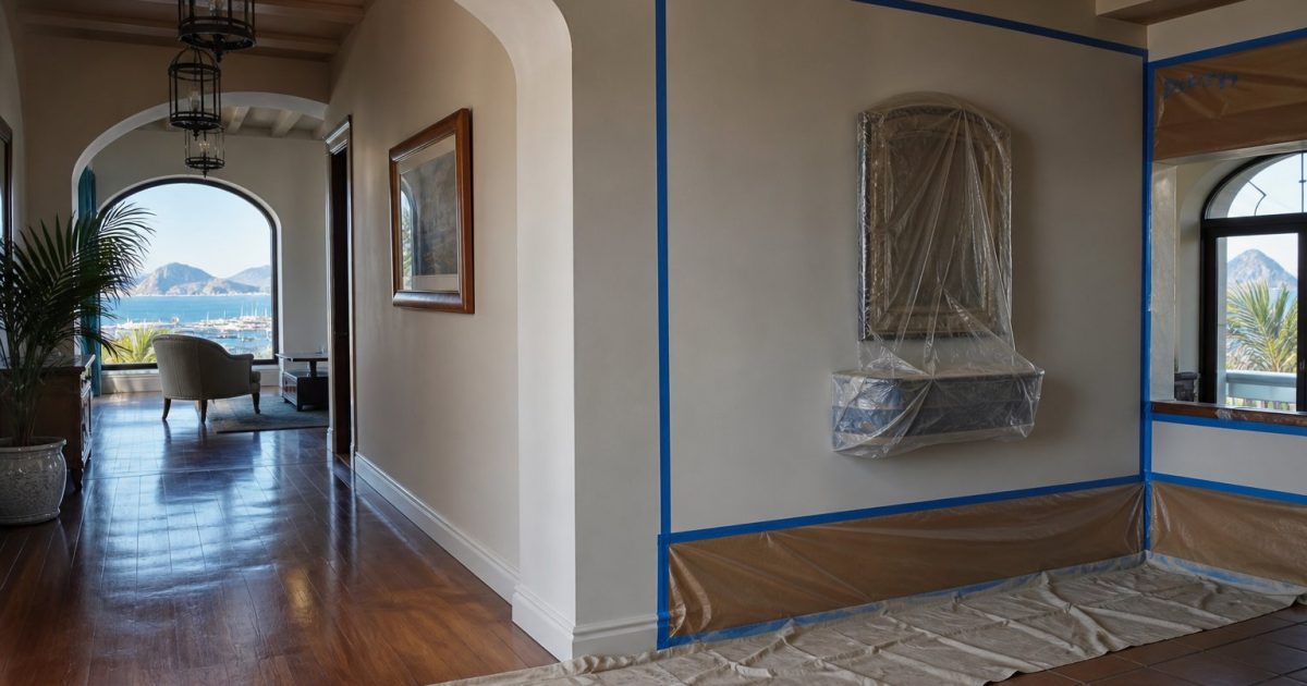 Guesthouse reception prepared for painting in controlled sections