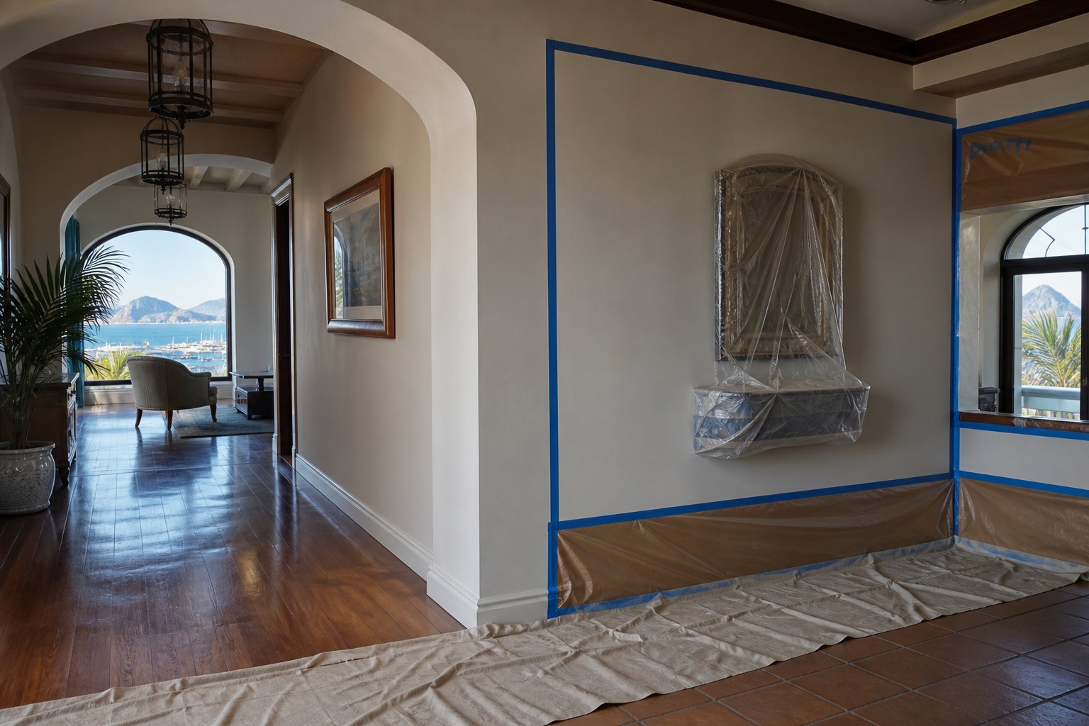 Guesthouse reception prepared for painting in controlled sections