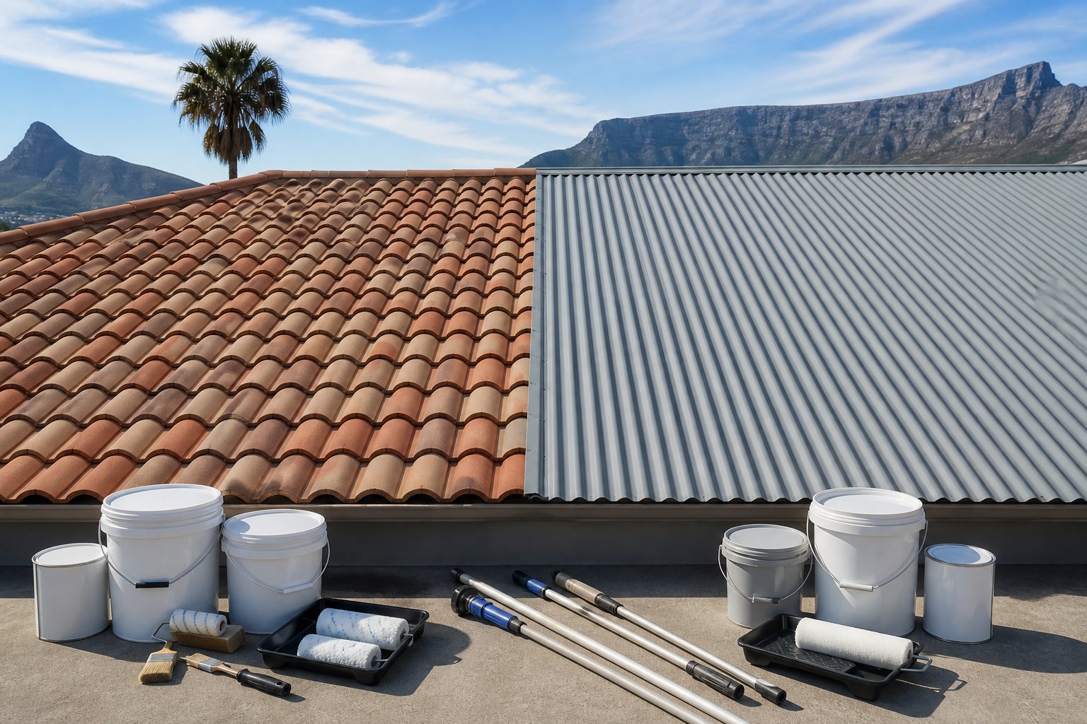 Concrete tile roof beside an IBR metal roof in Cape Town
